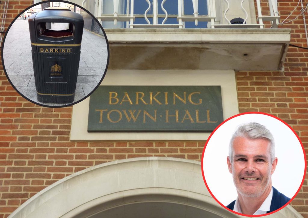 Barking Town Hall with (inset left) a street bin and (inset right) council leader Dominic Twomey