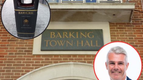 Barking Town Hall with (inset left) a street bin and (inset right) council leader Dominic Twomey