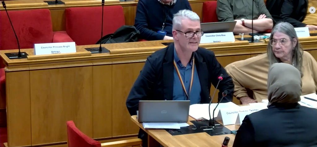 Dominic Twomey speaks to a Barking and Dagenham Council assembly meeting