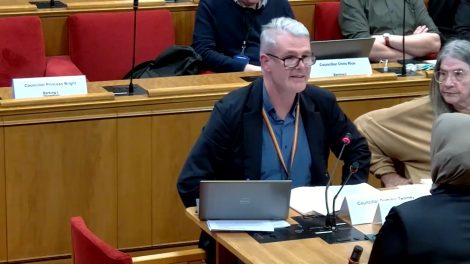 Dominic Twomey speaks to a Barking and Dagenham Council assembly meeting