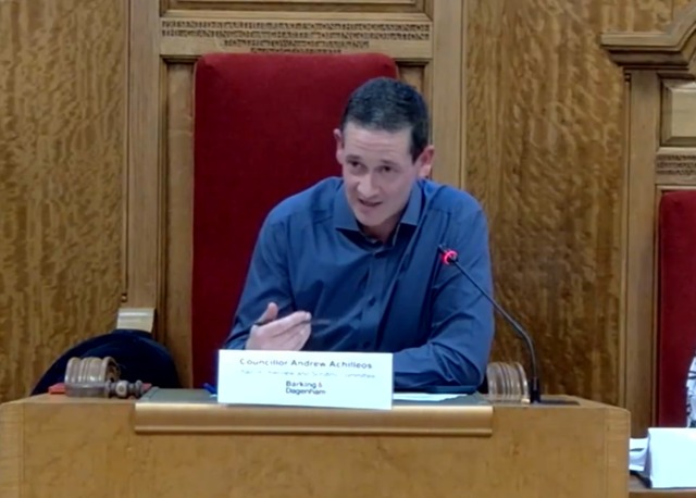 Labour councillor Andrew Achilleos speaks to an overview and scrutiny committee meeting