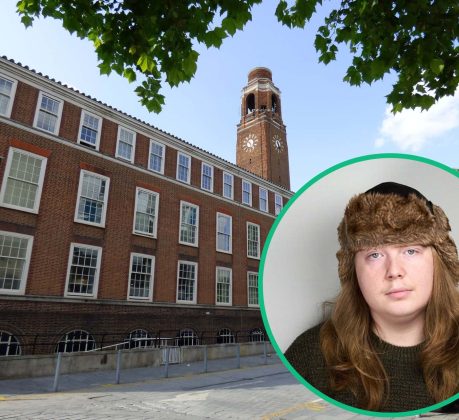 Barking Town Hall with (inset) Green Party candidate Curtis Cooper