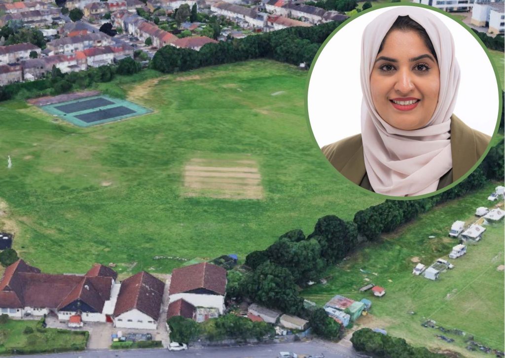 May and Baker Sports Club (credit Google) and (inset) councillor Saima Ashraf (credit Barking and Dagenham Council)