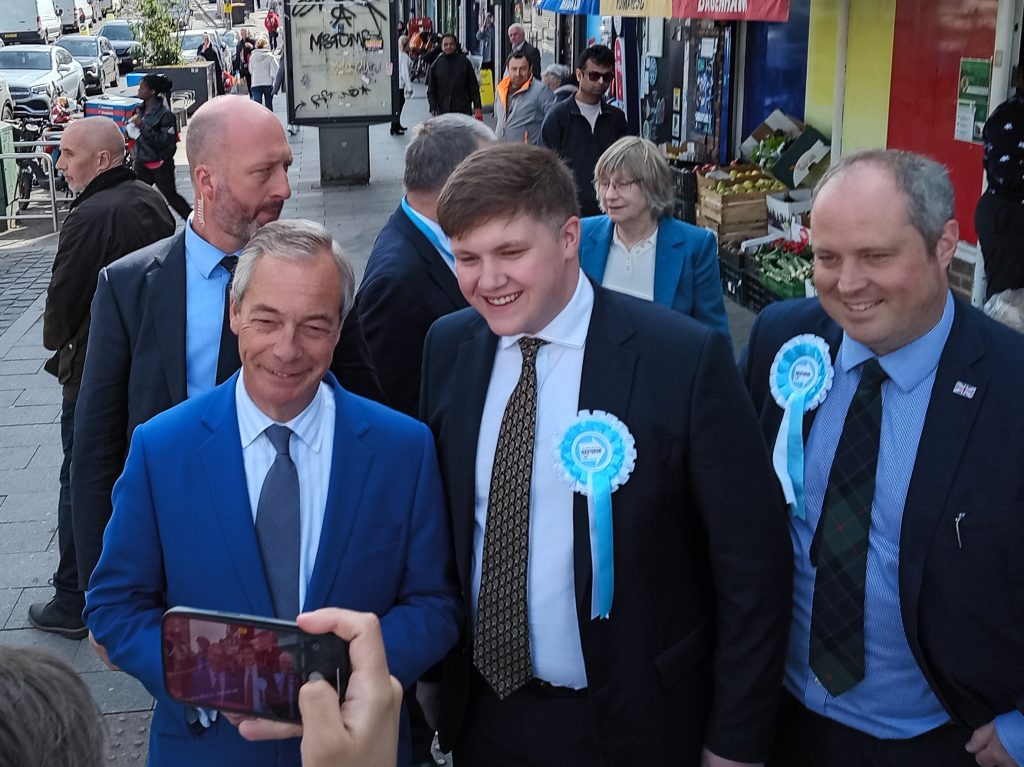 Reform UK leader Nigel Farag in Dagenham Heathway today (credit LDRS/Nick Clark)
