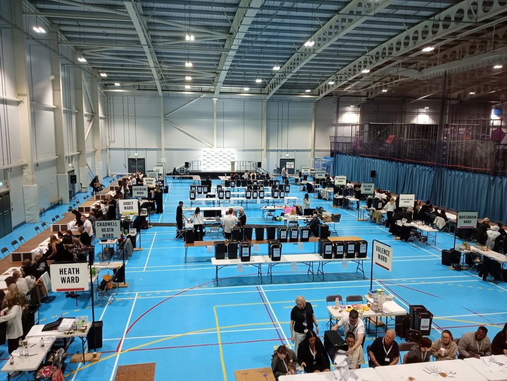 A view of the election count at Barking Sporthouse