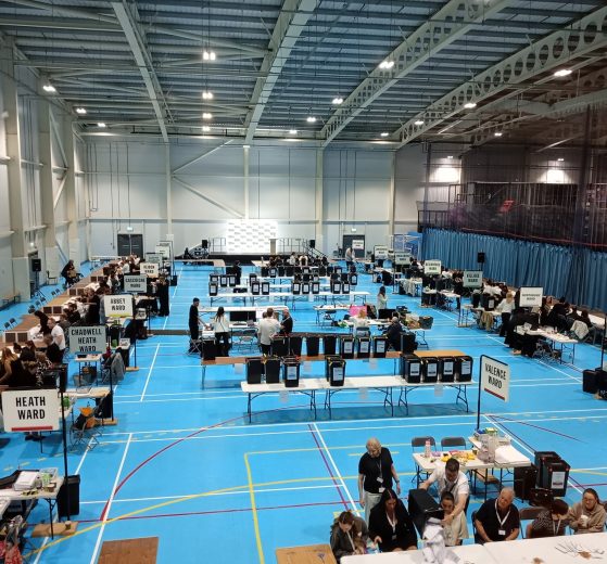 A view of the election count at Barking Sporthouse