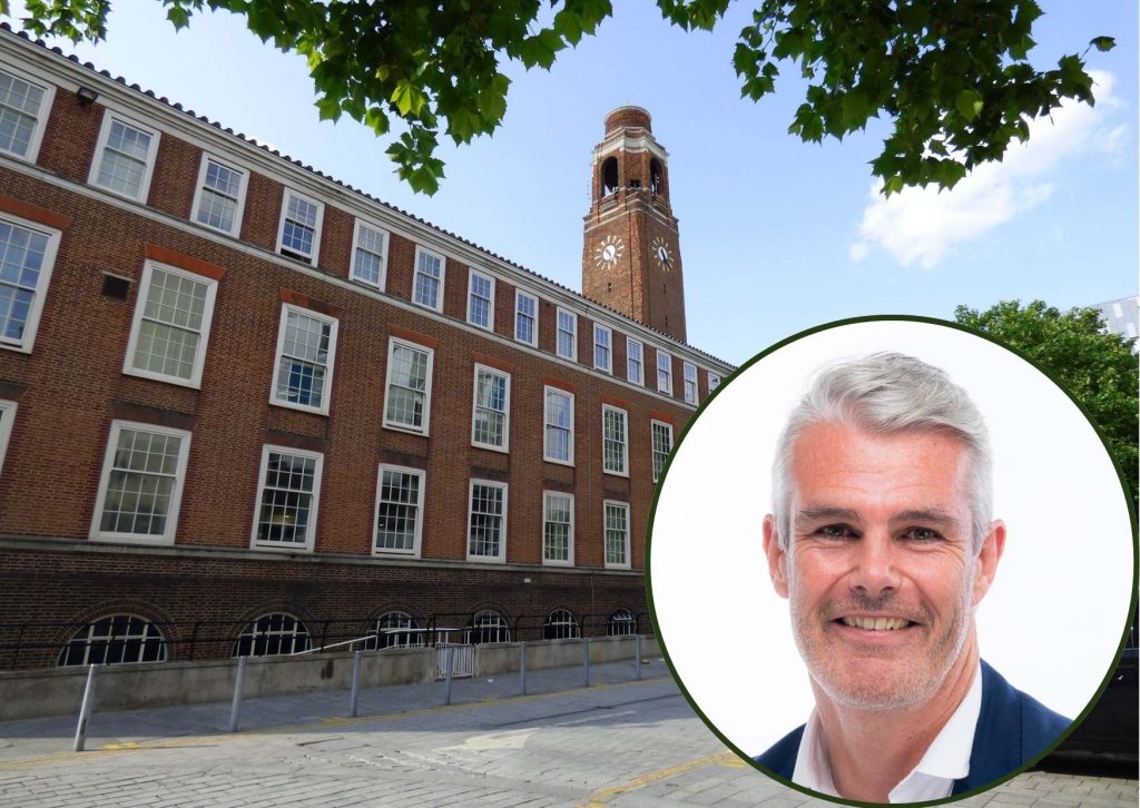 Barking Town Hall and (inset) council leader Dominic Twomey