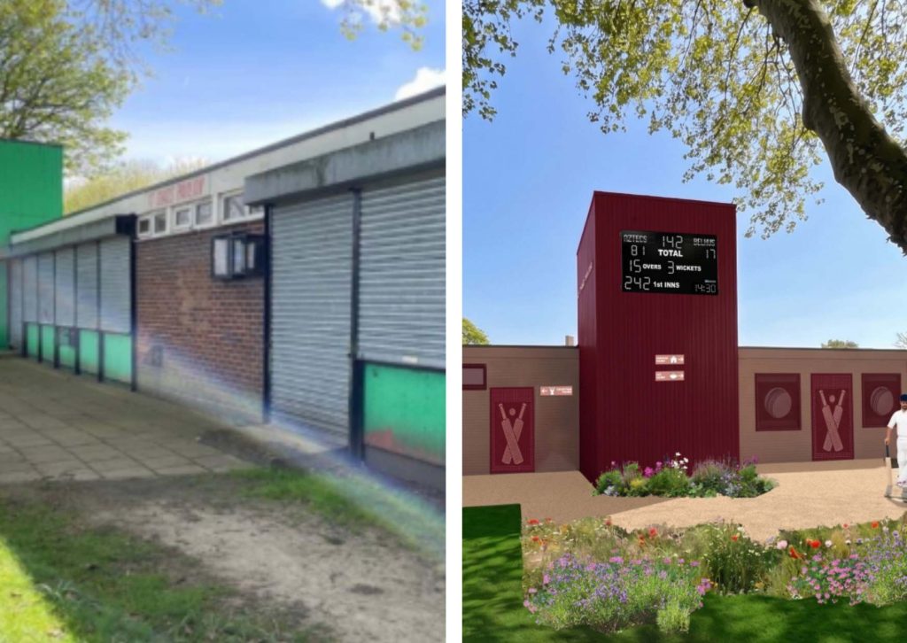 How St Chads cricket pavilion looks now (left, credit John Burke Associates) and the design for its refurb (right, credit Be First)