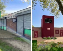 How St Chads cricket pavilion looks now (left, credit John Burke Associates) and the design for its refurb (right, credit Be First)