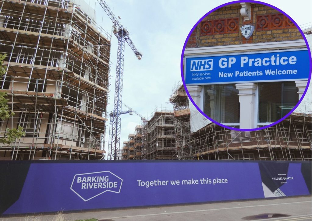 Barking Riverside and (inset) a GP surgery