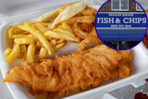 Fish and chips (credit Meelan Bawjee via Unsplash) and (inset) the chippy in Beadles Parade